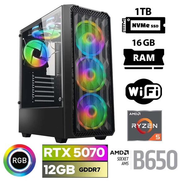 Xaser Thunder x10 Ryzen 5 7500F 16GB DDR5 Ram 1TB M.2 NVMe SSD 12GB RTX5070 Oyuncu Tavsiye Sistem ürün görseli 1