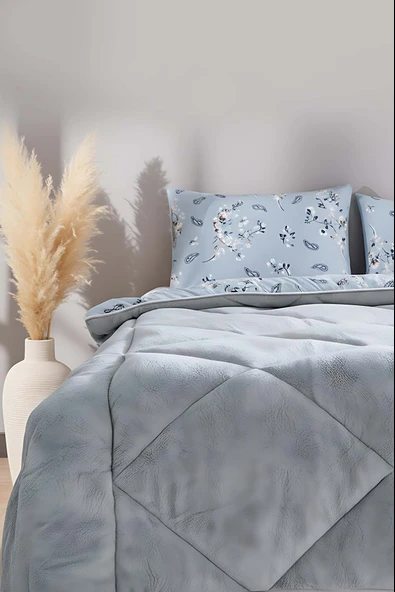 Rivaİstanbul Gri Çiçekli Loura Çift Kişilik Çift Taraflı Lüx Wellsoft Yorgan Seti 195x215 cm ürün görseli 1
