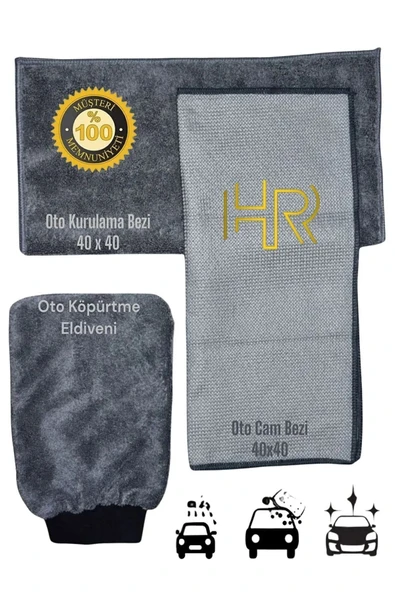 HRPAK 3'lü Mikrofiber Oto Yıkama Araba Kurulama Seti Kurulama Eldiven Cam Bezi ürün görseli 1