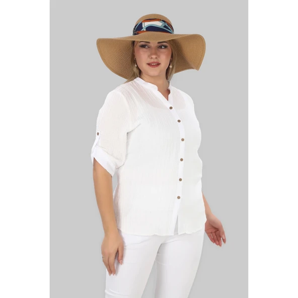 %100 Cotton Hakim Yaka Büyük Beden Kadın Müslim Kumaş Gömlek ürün görseli 1
