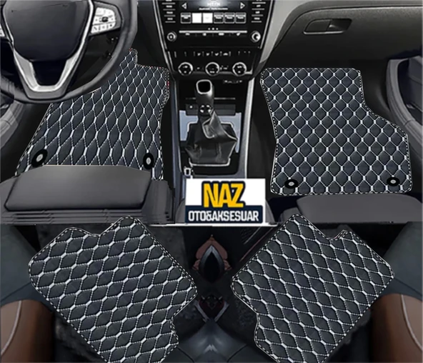 Toyota Aygo 2005 - 2014 Uyumlu Beyaz Dikişli Siyah Deri Paspas ürün görseli 1