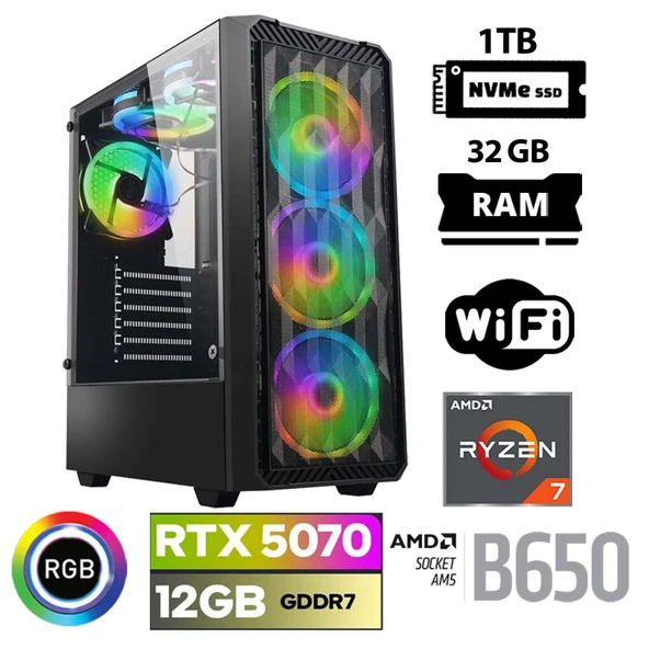 Xaser Thunder x60 Ryzen 7 7700 32GB DDR5 Ram 1TB M.2 NVMe SSD 12GB RTX5070 Oyuncu Tavsiye Sistem ürün görseli 1