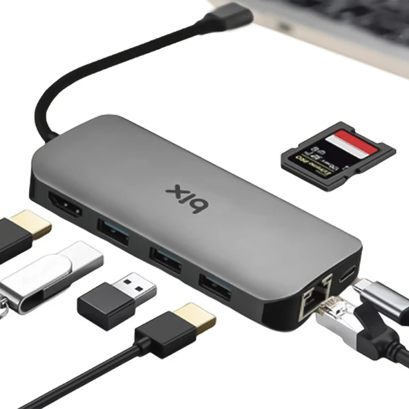 BX10HB Type-C to 4K HDMI 3*USB-A Gigabit Ethernet PD 100W SD ve Micro SD Kart Okuyucu Çoklayıcı Hub ürün görseli 1