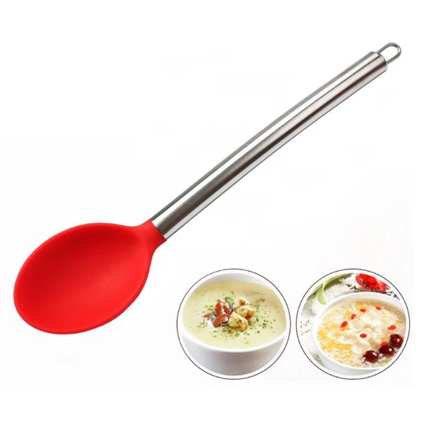 Silikon Kaşık Paslanmaz Saplı Servis Kaşığı Kırmızı 34 cm ürün görseli 1