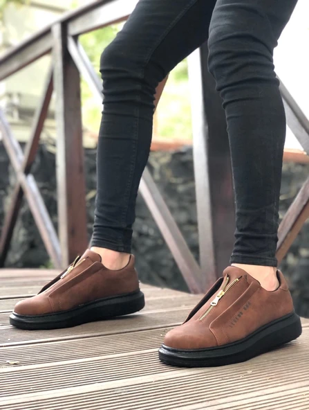 ET0310 Kalın Yüksek Taban Fermuarlı Taba Siyah Erkek Ayakkabı ürün görseli 1