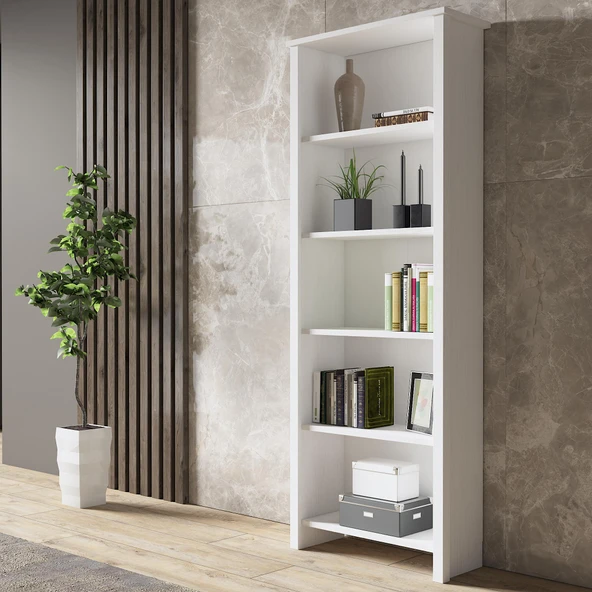 Venezia Premium  Ahşap Ayaklı 5 Raflı Kitaplık - Wood Beyaz ürün görseli 1