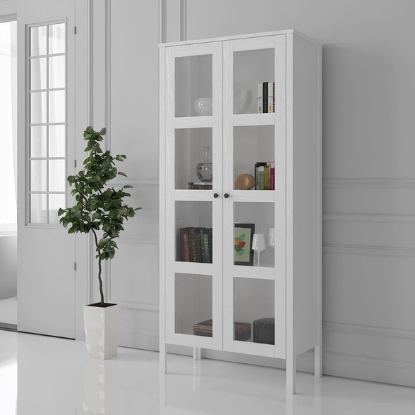 Venezia Cam Kapaklı  Ahşap Ayaklı Çok Amaçlı Dolap, Vitrin, Erzak Dolabı - Minifiks - Wood Beyaz ürün görseli 1