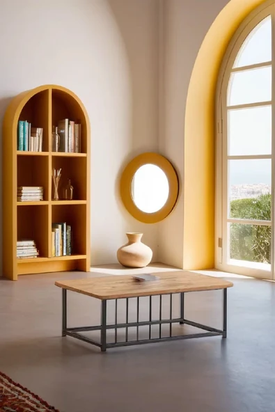 Ahşap Orta Sehpa 60x90 Modern Metal Ayak Siyah Tam Çerçeve Çam Desen Salon Ofis Balkon Sehpası ürün görseli 1