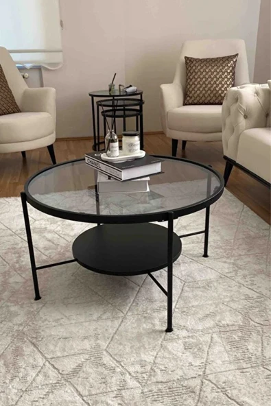 Nordic Orta Sehpa Temperli Cam 75 cm Demonte Çizilmez Kırılmaz Metal Çerçeve Raflı Minimalist Sehpa ürün görseli 1