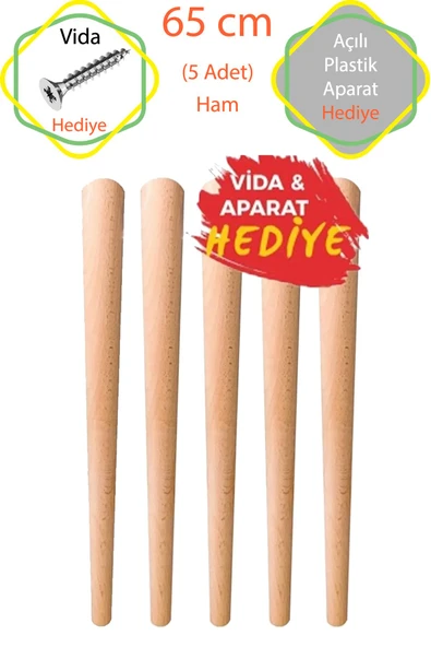 Ham 5 Adet Lüks 65 Cm Konik Ahşap Masa Ayağı Çap: 4,2 Cm Hobi Dıy (VİDA VE APARATLARIYLA BİRLİKTE) ürün görseli 1