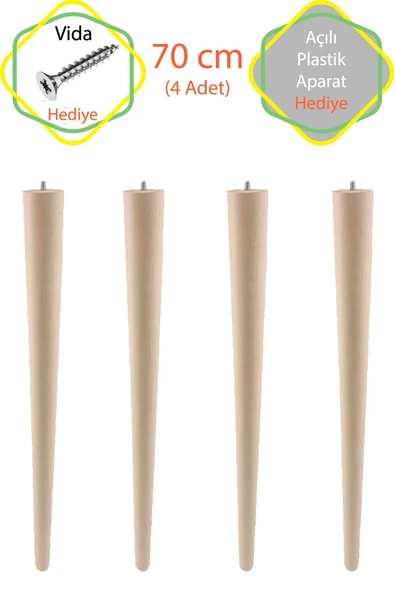 Ham 4 Adet Lüks 70 Cm Konik Ahşap Masa Ayağı Çap: 4,2 Cm Hobi Dıy (VİDA VE APARATLARIYLA BİRLİKTE) ürün görseli 1