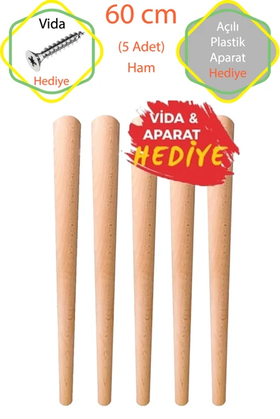 Ham 5 Adet Lüks 60 Cm Konik Ahşap Masa Ayağı Çap: 4,2 Cm Hobi Dıy (VİDA VE APARATLARIYLA BİRLİKTE) ürün görseli 1