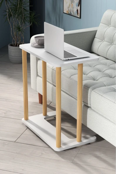 Beyaz Laptop Sehpası Ham Ahşap Ayaklı Ahşap Tabla Demonte C-Sehpa Yan Koltuk Servis Sehpası 35x60 ürün görseli 1