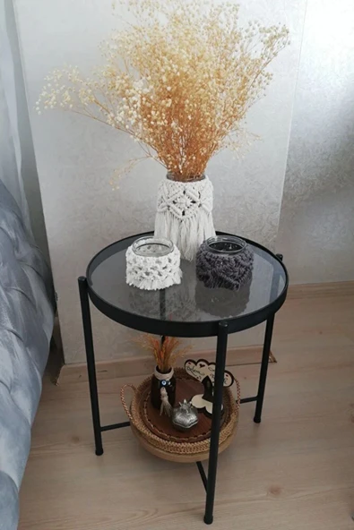 Nordic Yan Sehpa Temperli Cam 40 cm Demonte Çizilmez Kırılmaz Metal Çerçeve Raflı Minimalist Sehpa A ürün görseli 1