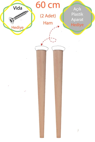 Ham 2 Adet Lüks 60 Cm Konik Ahşap Masa Ayağı Çap: 4,2 Cm Hobi Dıy (VİDA VE APARATLARIYLA BİRLİKTE) ürün görseli 1