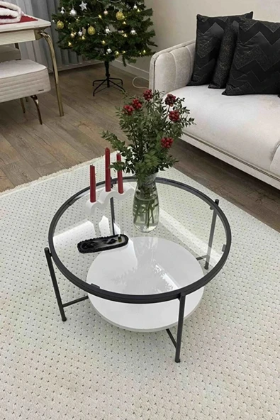 Nordic Orta Sehpa Temperli Cam 75 cm Demonte Çizilmez Kırılmaz Metal Çerçeve Raflı Minimalist Sehpa ürün görseli 1