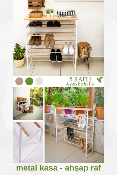 5 Raflı Metal Ayak Ahşap Raf Hafif Taşınabilir Kolay Kurulum Açık Kapaksız Ayakkabılık 28x90x9 cm ürün görseli 1