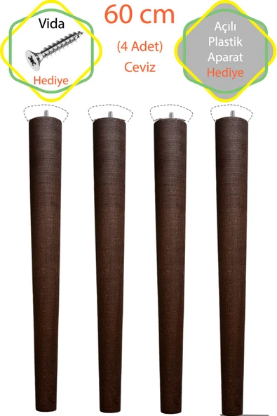 Ceviz 4 Adet Lüks 60 Cm Konik Ahşap Masa Ayağı Çap: 4,2 Cm Hobi Dıy (VİDA VE APARATLARIYLA BİRLİKTE) ürün görseli 1