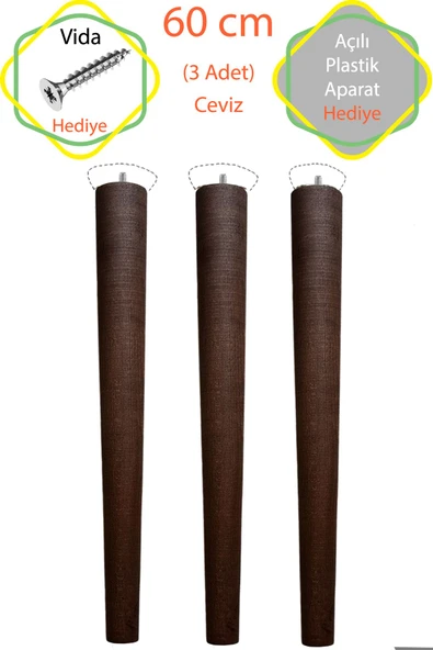 Ceviz 3 Adet Lüks 60 Cm Konik Ahşap Masa Ayağı Çap: 4,2 Cm Hobi Dıy (VİDA VE APARATLARIYLA BİRLİKTE) ürün görseli 1