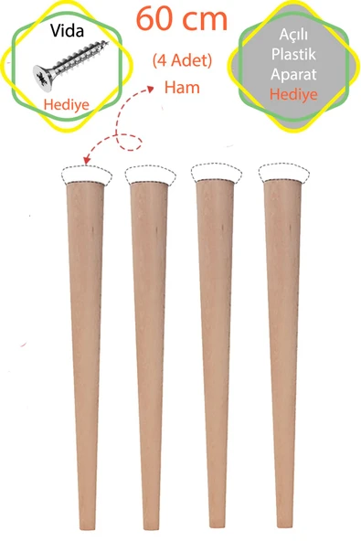Ham 4 Adet Lüks 60 Cm Konik Ahşap Masa Ayağı Çap: 4,2 Cm Hobi Dıy (VİDA VE APARATLARIYLA BİRLİKTE) ürün görseli 1