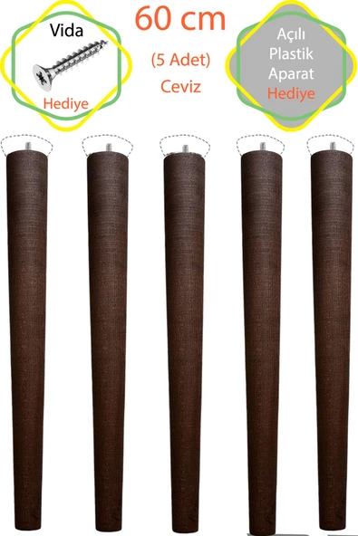 Ceviz 5 Adet Lüks 60 Cm Konik Ahşap Masa Ayağı Çap: 4,2 Cm Hobi Dıy (VİDA VE APARATLARIYLA BİRLİKTE) ürün görseli 1