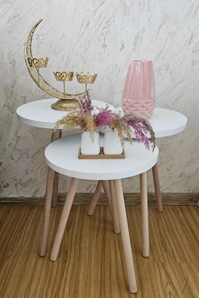 3'lü Zigon Sehpa Seti | Saksılık ve Çiçeklik Standı, Dekoratif Yan Sehpa Ahşap Ayaklı (33 cm çap ) B ürün görseli 1