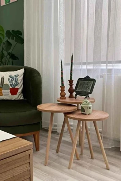 3'lü Zigon Sehpa Seti | Saksılık ve Çiçeklik Standı, Dekoratif Yan Sehpa Ahşap Ayaklı (33 cm çap ) A ürün görseli 1
