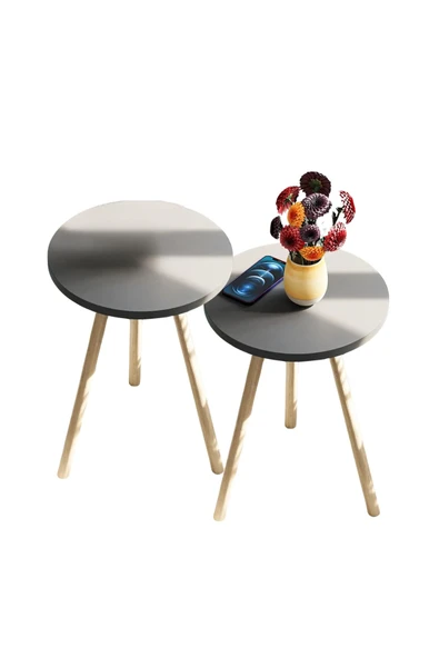2'li Zigon Sehpa Seti | Saksılık ve Çiçeklik Standı, Dekoratif Yan Sehpa Ahşap Ayaklı (33 cm çap ) S ürün görseli 1