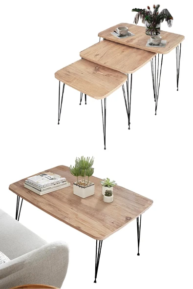 Elit Orta & Mis Zigon Metal Ayak Sehpa Set Takımı Atlantik Çam ürün görseli 1