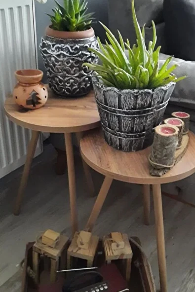 2'li Zigon Sehpa Seti | Saksılık ve Çiçeklik Standı, Dekoratif Yan Sehpa Ahşap Ayaklı (33 cm çap ) A ürün görseli 1