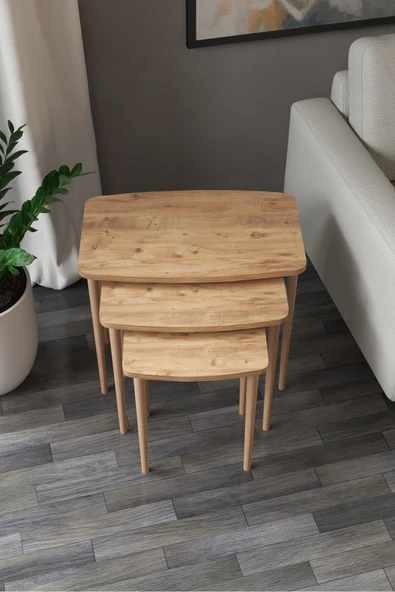 Astor Çam Zigon Sehpa Dikdörtgen 3'lü Set İç İçe Geçebilen Ahşap Ayaklı Çam Desen Yüzey 60Gx37Dx52Y ürün görseli 1