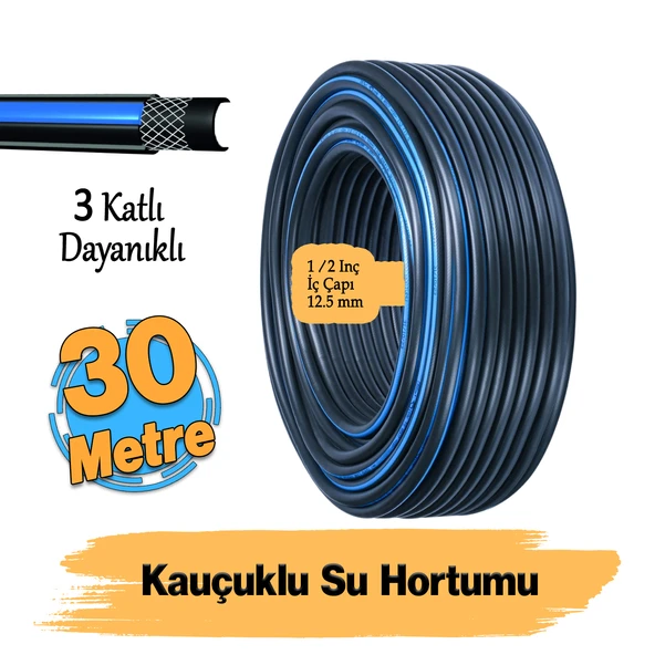 Termo Kauçuklu Bahçe Hortumu 30 Metre Dayanıklı 3 Katlı Sağlam Su Sulama Yıkama Hortum 12.5 mm 1/2" ürün görseli 1