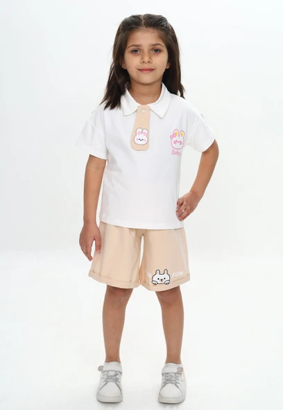 Toontoy Kız Çocuk 2'li Takım Baskılı Polo Yaka T-Shirt & Beli Lastikli Şort ürün görseli 1