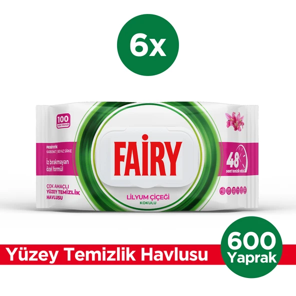 Fairy Çok Amaçlı Yüzey Temizlik Havlusu 100 Yaprak 6 Adet | Lilyum Çiçeği | Beyaz Sirke Karbonat ürün görseli 1