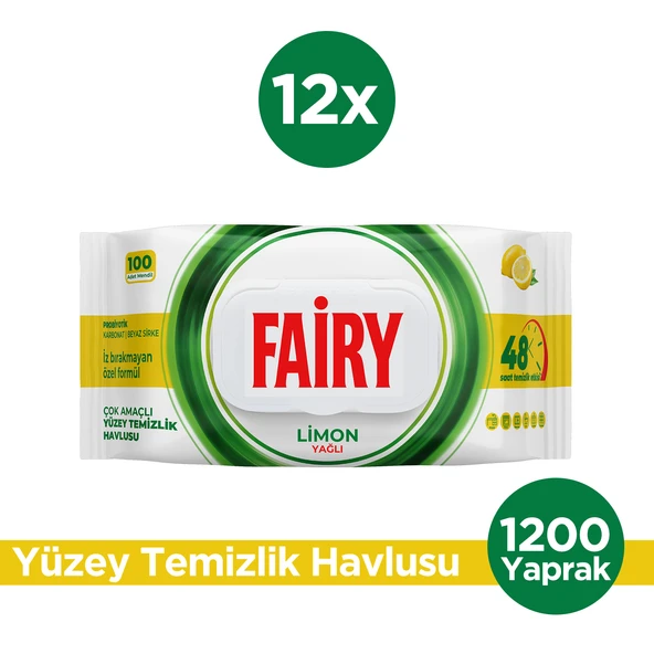 Fairy Çok Amaçlı Yüzey Temizleme Mendili 100 Yaprak 12 Adet | Limon Yağlı | Beyaz Sirke Karbonat ürün görseli 1