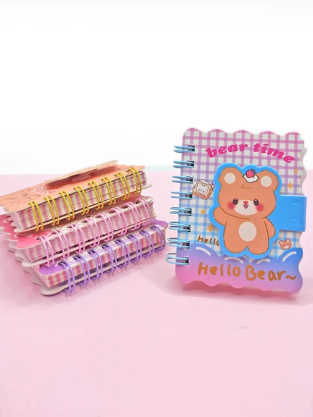 Hello Bear Cırtlı Cep Boy Sevimli Ayıcık Mini Not Defteri (7x8 cm) - Mavi ürün görseli 1