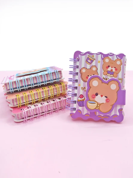 Hello Bear Cırtlı Cep Boy Sevimli Ayıcık Mini Not Defteri (7x8 cm) - Mor ürün görseli 1