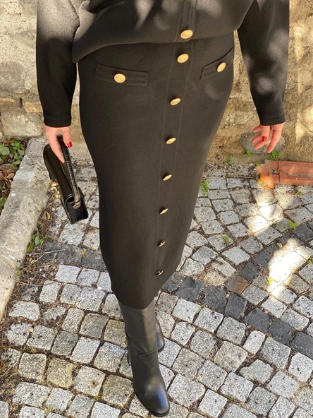 Hot Fashion SİYAH GOLD DÜĞMELİ ETEK ürün görseli 1