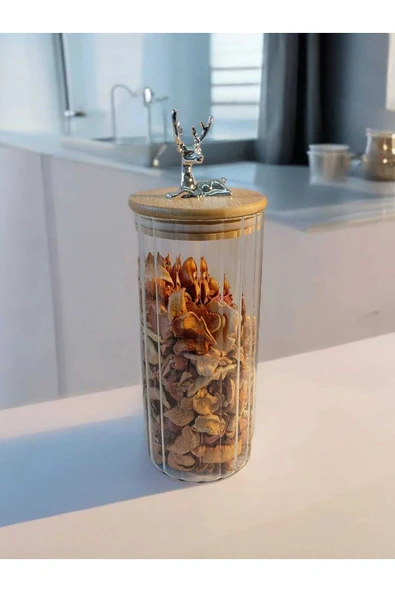 Yenigeldi (9x20 CM) 1 Adet Geyikli Cam Saklama Kavanozu Geyik Başı Gümüş Renk Hava Geçirmez Y-411 ürün görseli 1