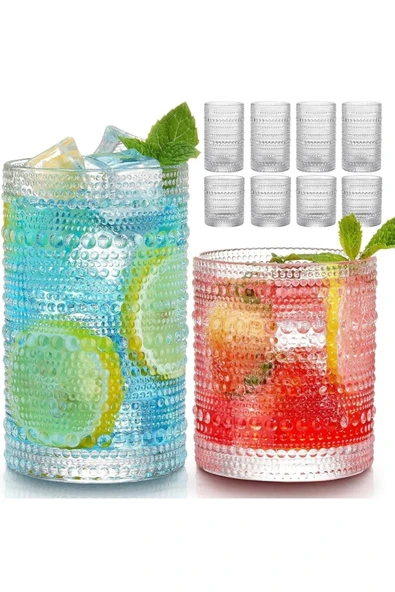 Yenigeldi 2 Adet  330ml Vintage Hobnail Bardak Antika Boncuk Kabartmalı  KahveViski y36 ürün görseli 1