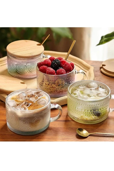 Yenigeldi 1 Adet 420 ml İrlanda Vintage  Bambu Kapaklı ve Kaşıklı Kabartmalı Kahve Bardak, Tatlı Sunum Kupa ürün görseli 1