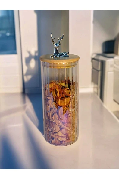 Yenigeldi (9x20 CM) 1 Adet Gökkuşağı Geyikli Cam Saklama Kavanozu Geyik Başı Gümüş Renk Hava Geçirmez Y-471 ürün görseli 1