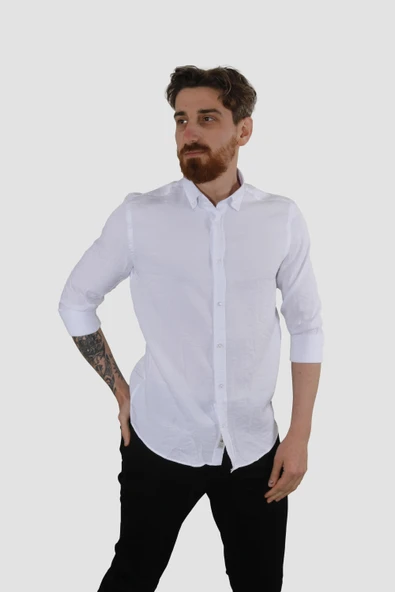 Erkek Pamuklu Dokuma Relax Fit Yazlık Gömlek G5033-BEYAZ ürün görseli 1