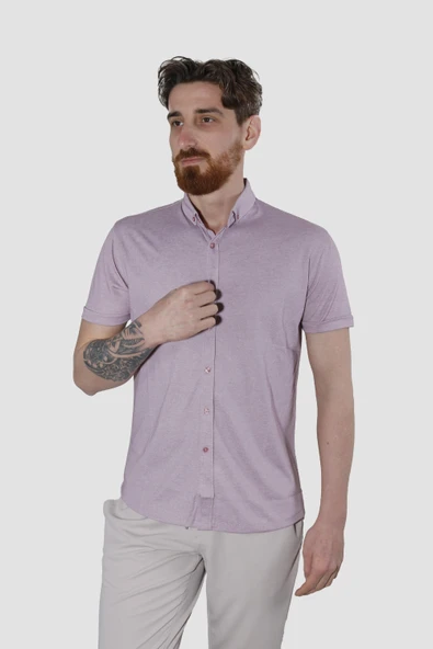 Erkek Kısa Kollu Nefes Alabilen Yazlık Pamuklu Slim Fit Gömlek 2910-G-GÜL ürün görseli 1