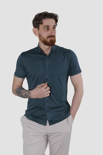 Erkek Kısa Kollu Nefes Alabilen Yazlık Pamuklu Slim Fit Gömlek 2910-G-MİNT ürün görseli 1