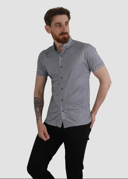 Erkek Kısa Kollu Nefes Alabilen Yazlık Pamuklu Slim Fit Gömlek 2910-G-LACİ MELANJ ürün görseli 1