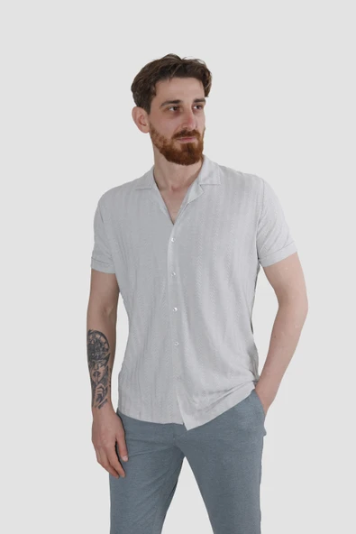 Erkek Pamuklu Apaçi Yaka Dokuma Slim Fit Yazlık Gömlek 3201-G-TAŞ ürün görseli 1