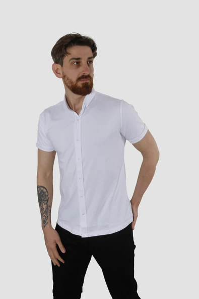 Erkek Kısa Kollu Nefes Alabilen Yazlık Pamuklu Slim Fit Gömlek 2910-G-BEYAZ ürün görseli 1