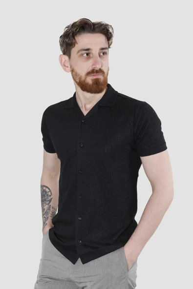 Erkek Jakarlı Apaçi Yaka Pamuklu Slim Fit Yazlık Gömlek 2545-SİYAH ürün görseli 1