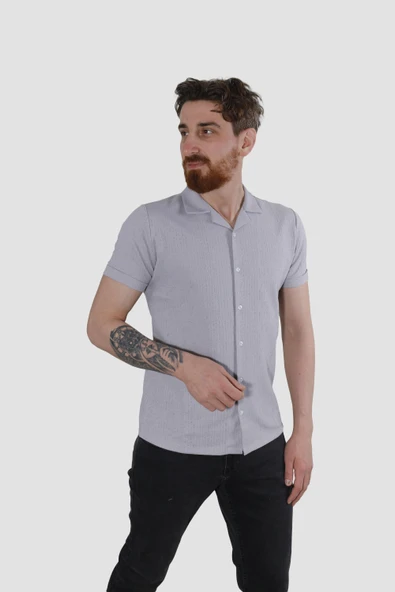 Erkek Jakarlı Apaçi Yaka Pamuklu Slim Fit Yazlık Gömlek 2545-GRİ ürün görseli 1